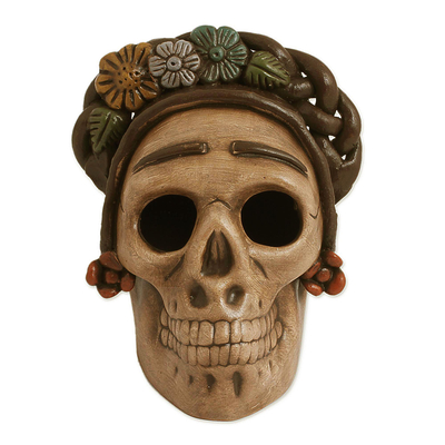 Ceramic figurine, 'Honoring Frida' - Handcrafted Ceramic Skull Figurine Honoring Frida Kahlo