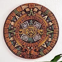 Ceramic relief panel, 'Fifth Sun in Yellow' - Museum Replica Fifth Sun Aztec Calendar Ceramic Relief Panel