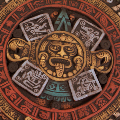 Ceramic relief panel, 'Fifth Sun in Yellow' - Museum Replica Fifth Sun Aztec Calendar Ceramic Relief Panel