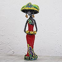 Estatuilla de cerámica, 'Catrina's Sweet Tooth' - Figurilla de Cerámica Catrina con Vestido Rojo Día de Muertos