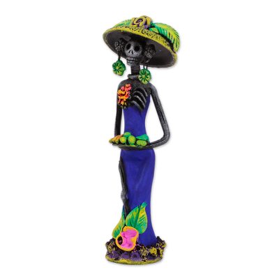 Ceramic statuette, 'Catrina with Fruit' - Day of the Dead Catrina Ceramic Figurine in Blue Dress