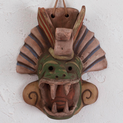 Keramische Maske, 'Quetzalcoatl verehrt'. - Erdton-Quetzalcoatl Handgefertigte Keramik-Wandmaske