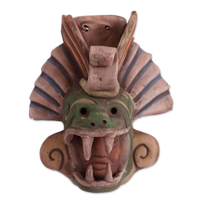 Ceramic mask, 'Quetzalcoatl Revered' - Earthtone Quetzalcoatl Handcrafted Ceramic Wall Mask