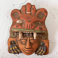 Ceramic mask, 'Warrior Hunter' - Red-Orange Jaguar Warrior Handcrafted Ceramic Wall Mask