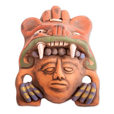 Ceramic mask, 'Warrior Hunter' - Red-Orange Jaguar Warrior Handcrafted Ceramic Wall Mask