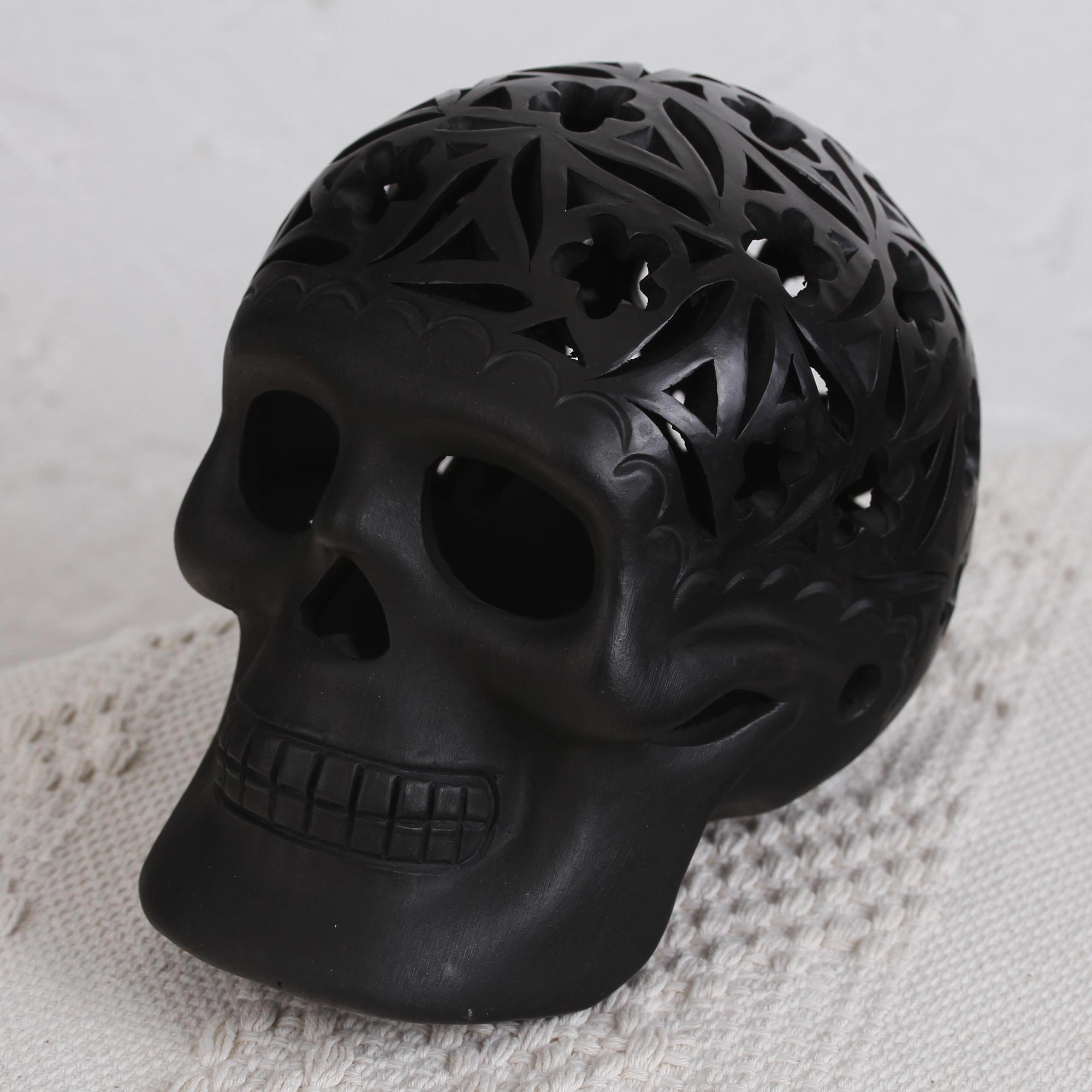 Floral Pattern Barro Negro Ceramic Skull Figurine - A ...