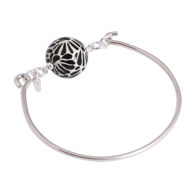 Ceramic pendant bracelet, 'Petal Orb' - Black Talavera Ceramic and Sterling Silver Pendant Bracelet