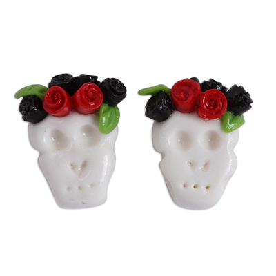 Black and Red Rose Catrina Cold Porcelain Button Earrings
