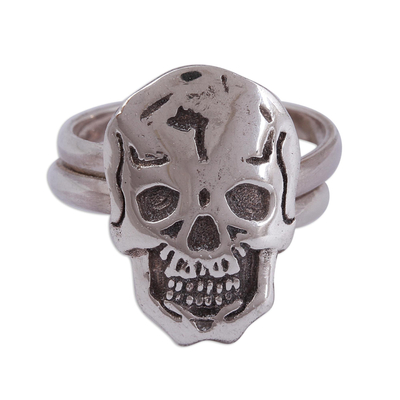 Sterling silver cocktail ring, 'Ancestors Honored' - Sterling Silver Skull with Double Band Cocktail Ring