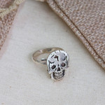 Sterling silver cocktail ring, 'Ancestors Honored' - Sterling Silver Skull with Double Band Cocktail Ring