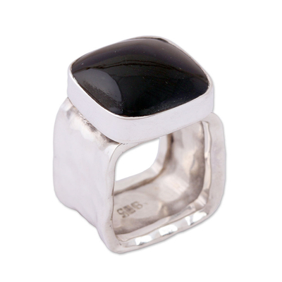 Obsidian cocktail ring, 'Nocturnal Fashion' - Obsidian Cocktail Ring with a Hammered Band from Mexico