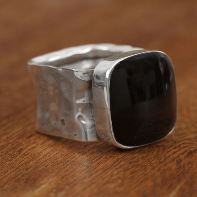 Obsidian cocktail ring, 'Nocturnal Fashion' - Obsidian Cocktail Ring with a Hammered Band from Mexico