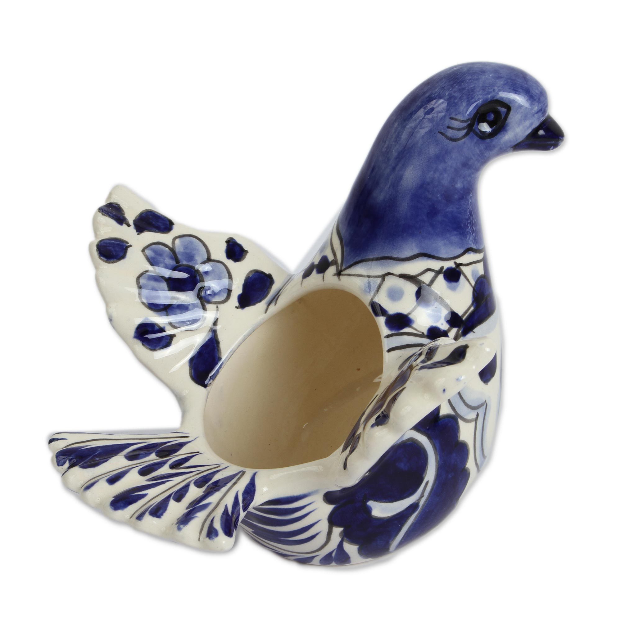 White and Cobalt Blue Talavera Style Ceramic Dove Figurine Garden