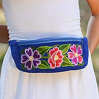 Cotton waist bag, 'Garden on the Go' - Handwoven Blue with Pink Floral Motif Cotton Belt Bag