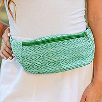 Cotton waist bag, 'Swift Passage' - Handwoven Green and Teal Geometric Motif Cotton Belt Bag