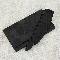 Cotton clutch, 'Dance at Midnight' - Black Handwoven Cotton Floral Motif Clutch Wallet Combo