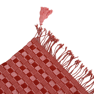 Cotton scarf, 'Subtle Movement in Red' - Brick Red and Pink Handwoven Fringed Scarf with Tassels