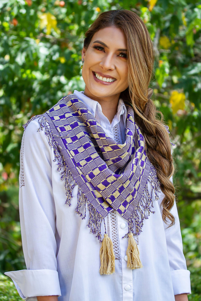 Cotton scarf, 'Subtle Movement in Purple' - Purple and Beige Handwoven Fringed Scarf with Tassels