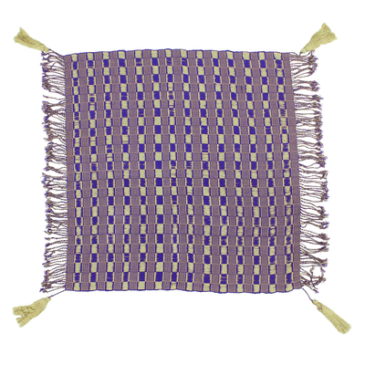 Cotton scarf, 'Subtle Movement in Purple' - Purple and Beige Handwoven Fringed Scarf with Tassels