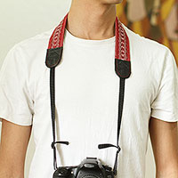 Cotton camera strap, 'Chic Catch' - Leather Reinforced Handwoven Brick Red Cotton Camera Strap