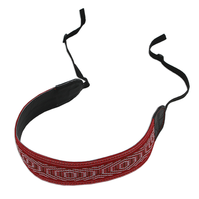 Cotton camera strap, 'Chic Catch' - Leather Reinforced Handwoven Brick Red Cotton Camera Strap