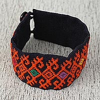 Cotton wristband bracelet, 'Tangerine Geometry' - Cotton Wristband Bracelet in Tangerine and Midnight