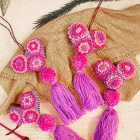 Cotton ornaments, 'Heart's Joy in Pink' (set of 4) - Handcrafted Pink and Purple Heart Ornaments (Set of 4)