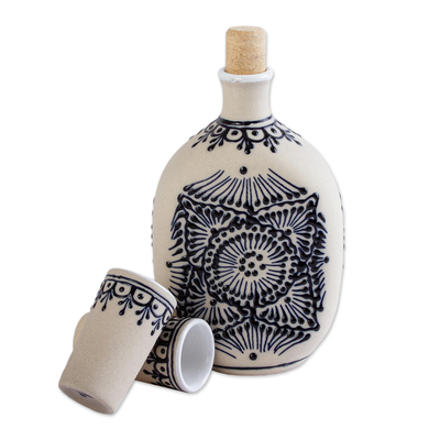 Ceramic tequila decanter set, 'Traditional Spirit' (set of 3) - Beige Talavera Style Tequila Decanter and Glasses (Set of 3)