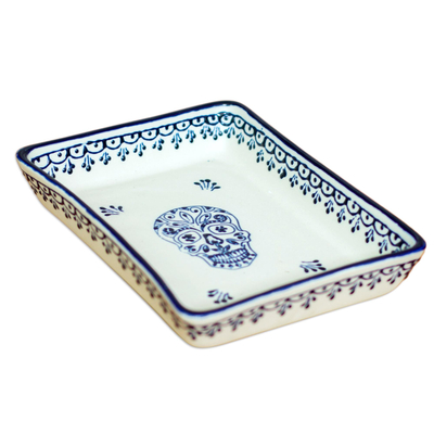 Blue and Cream Day of the Dead Skull Ceramic Serving Dish