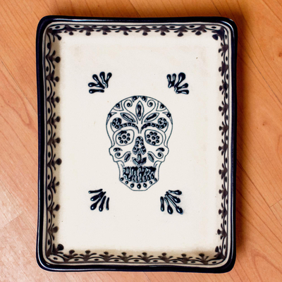Ceramic serving dish, 'Sugar Skull Server' - Blue and Cream Day of the Dead Skull Ceramic Serving Dish