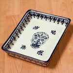 Ceramic serving dish, 'Sugar Skull Server' - Blue and Cream Day of the Dead Skull Ceramic Serving Dish