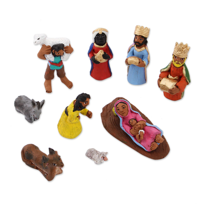 Ceramic nativity scene, 'Joyful Birth' (10 piece) - Handcrafted and Hand Painted Ceramic Nativity Scene