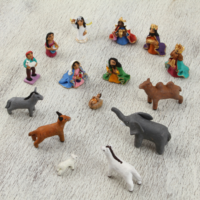 Ceramic nativity scene, 'Glorious Gathering' (15 piece) - Handcrafted colourful Ceramic Nativity Scene (15 piece)