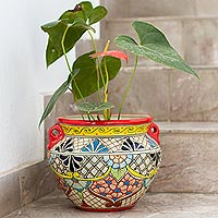Ceramic flower pot, 'Sun's Essence' - Talavera Style Red Rim Colorful Floral Ceramic Flowerpot Urn