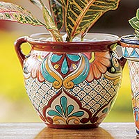 Maceta de cerámica, 'Sunlit Stroll' - Urna de maceta de cerámica floral con borde rojizo estilo Talavera