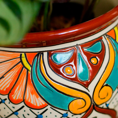 Maceta de cerámica - Maceta de cerámica floral con borde rojizo estilo talavera