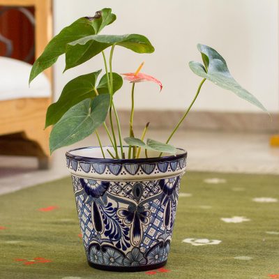 Ceramic flower pot, 'Cool Breeze Garden' (9 inch) - Talavera Style Blue Floral Motif Ceramic Flower Pot (9 inch)