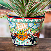 Ceramic flower pot, 'Sunlit Garden' (6.5 inch) - Talavera Style Colorful Floral Ceramic Flower Pot (6.5 inch)