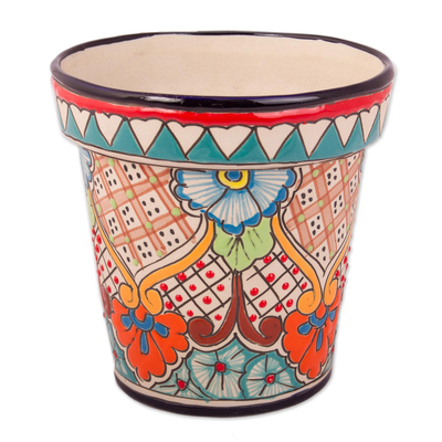 Ceramic flower pot, 'Sunlit Garden' (6.5 inch) - Talavera Style Colorful Floral Ceramic Flower Pot (6.5 inch)