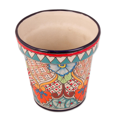 Ceramic flower pot, 'Sunlit Garden' (6.5 inch) - Talavera Style colourful Floral Ceramic Flower Pot (6.5 inch)