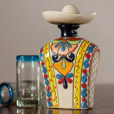 Yellow and Colorful Serape and Hat Ceramic Tequila Decanter