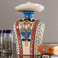 Ceramic tequila decanter, 'Serape in Orange' - Orange and Colorful Serape and Hat Ceramic Tequila Decanter