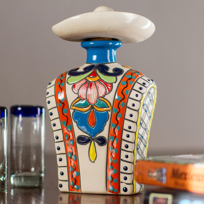 Ceramic tequila decanter, 'Serape in Orange' - Orange and Colorful Serape and Hat Ceramic Tequila Decanter