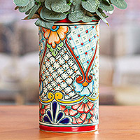 Ceramic vase, 'Garden Dreams' - Talavera Style Red Rim Colorful Floral Motif Ceramic Vase