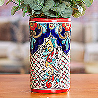 Florero de cerámica, 'Spicy Garden' - Florero de Cerámica Estilo Talavera Colorido Motivo Floral Enrejado