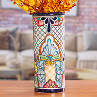 Ceramic vase, 'Garden Breeze' - Talavera Style Multicolor Floral Trellis Motif Ceramic Vase