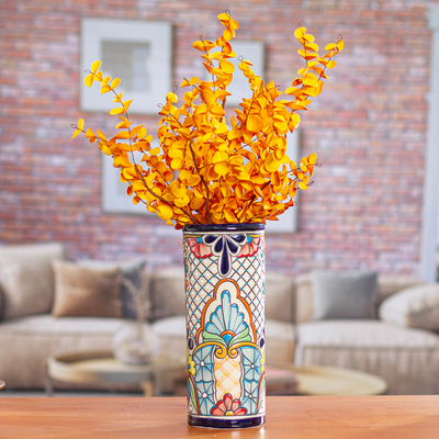 Talavera Style Multicolor Floral Trellis Motif Ceramic Vase