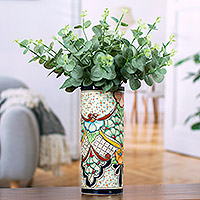 Talavera Style Floral Trellis and Dot Motif Ceramic Vase,'Garden Grandeur'