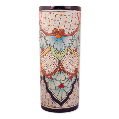 Talavera Style Floral Trellis and Dot Motif Ceramic Vase