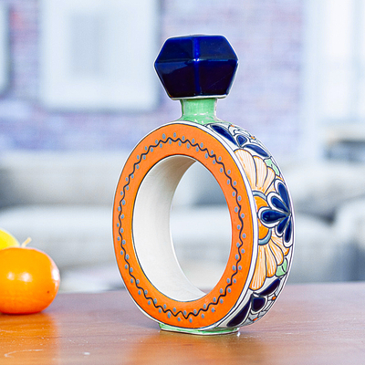 Ceramic tequila decanter, 'Ring of Liquid Gold' - Blue and Orange Ring Shape Ceramic Tequila Decanter